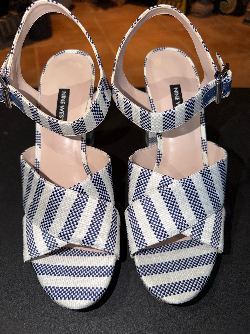 Nine West Navy and White Striped Slingback Heels